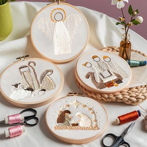Image of KEKEMEOW 4 Pack Nativity Scene Embroidery Starters Kit for Beginners Embroidery Starting Sets for Adults with Stamped Patterns Colorful Threads Step by Step Instructions Hoop Needles Tools