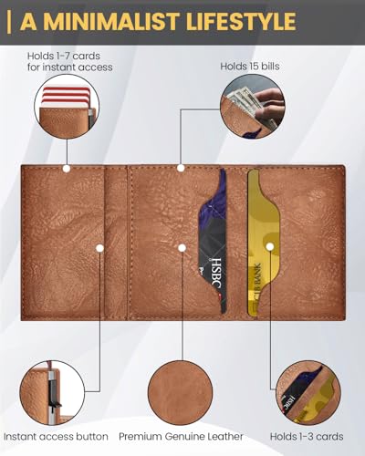 Wallet for Men with RFID Blocking, Minimalist Smart Credit Card Holder with Pop-Up Mechanism, Holds 12-14 Cards, Slim Wallet Includes Coin Pocket & Cash Slot, Genuine Leather, Gift for Men, Brown4
