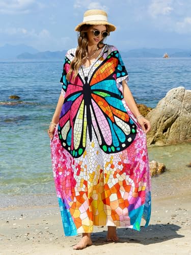 Image of sunforyou Kaftan Dresses for Women Plus Size Lightweight Swimsuit Cover up Batwing Sleeve Print Loungewear Beach Robe