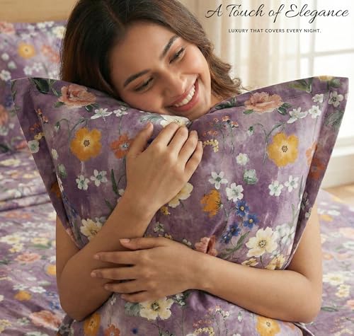 Image of BSB HOME Cloud Cotton King Size Bedsheet Set 228 x 254 cm, 220 Thread Count Soft & Breathable Cotton Bedsheet with 2 Pillow Covers, Floral Printed Bedding for Home (Dusty Lavender)