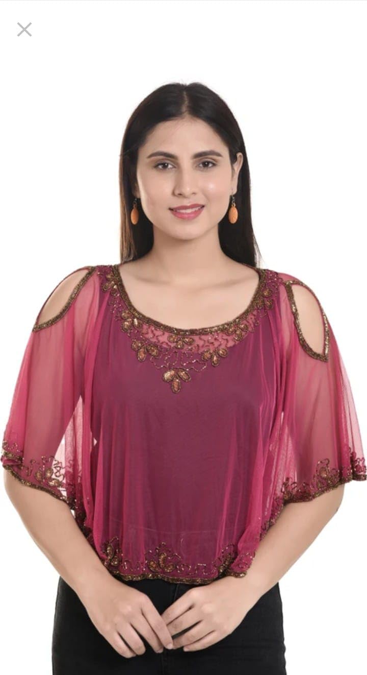 Women’s Embroidered Sheer Cape Top – Cold Shoulder Poncho Style Blouse | wear Net Overlay Top with Beaded Detailing.-image-29