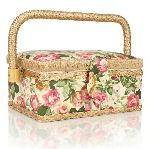 Sewing Basket for Sewing Supplies, Vintage Sewing Kit Storage Box with Removable Tray, Household Fabric Craft Handmade Thread Needle Storage Box Organizer with Handle for Embroidery