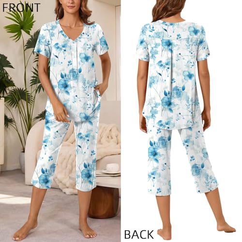Image of Bestbee Women's Pajama Sets 2 Piece Lounge Outfits Summer Sleepwear V Neck Short Sleeve Capri Pant With Pockets Ladies Pjs