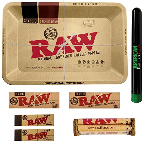 RAW Rolling Tray Combo Includes RAW Tray RAW 1 1/4 Rolling Papers RAW Tips RAW 79mm Rolling Machine and American Rolling Club Tube (Mini)