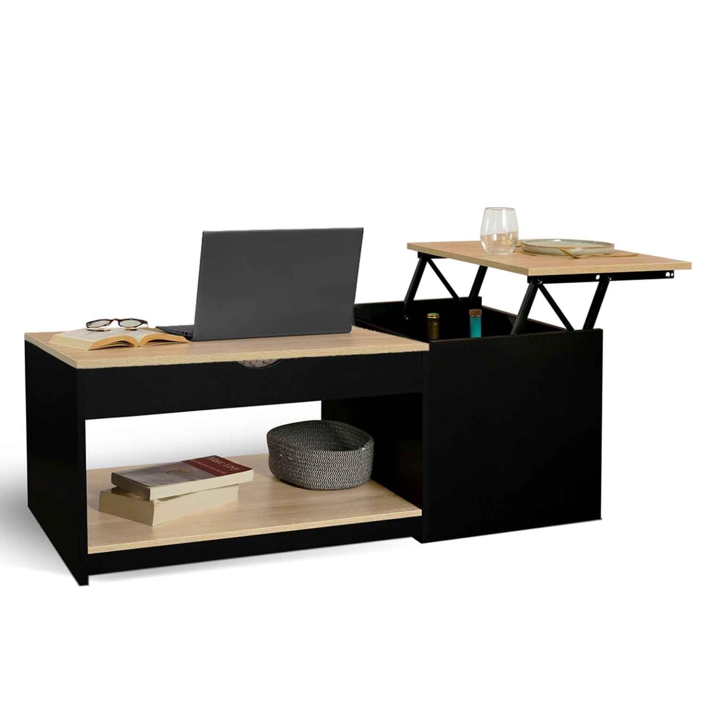 IDMarket - Table Basse 2 Plateaux relevables rectangulaire EYLA avec Coffre Bois Noir et façon hêtre