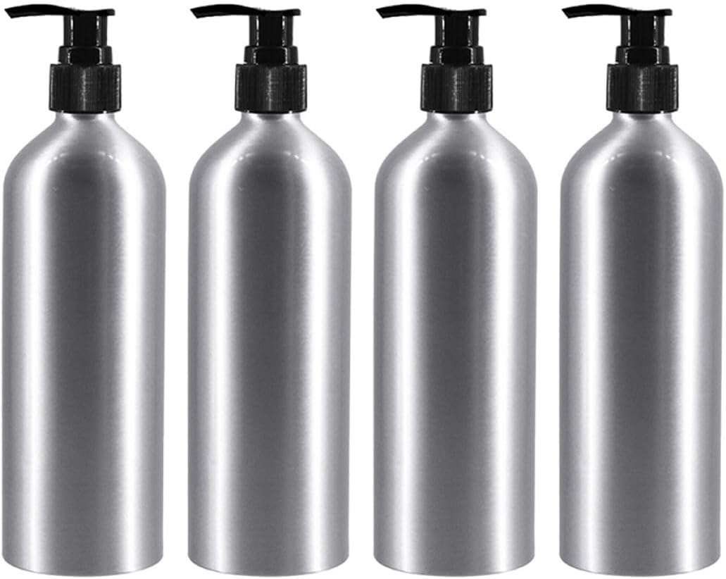 VICASKY 4pcs 250ml Aluminum Liquid Bottles with Black Spiral Pump Heads, Refillable Lotion and Shampoo Dispensers for Bathroom and Travel Use