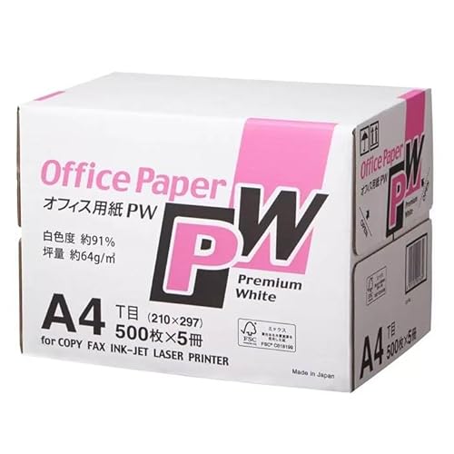 A4コピー用紙 500枚×5冊セット (2500枚) 業務用 インクジェット・レーザー対応, 64g/u, 210×297mm PW プレミアムホワイト 高白色91% オフィス用 a4用紙まとめ買い