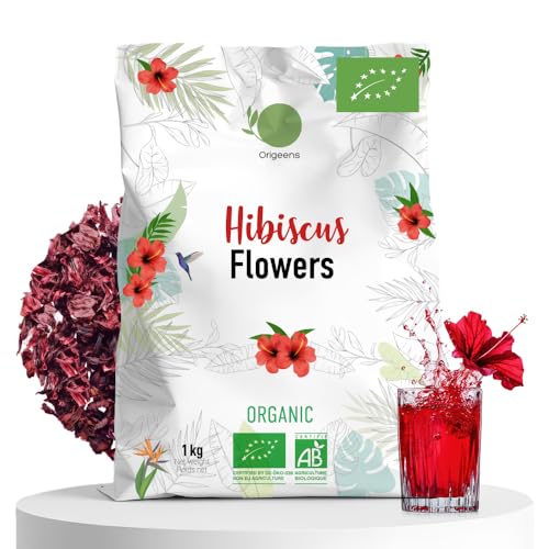ORIGEENS HIBISCUS TEA Organic 1kg Premium Grade | Hibiscus Flower for Infusions Iced Tea Karkade | Dried Hibiscus Flowers Draining Detox Tea