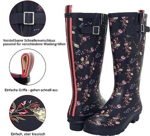 GUGUMIMI Damen Gummistiefel Wasserdicht, Hohe Weitschaft-Regenstiefel, Rutschsicher & Komfortabel für Regentage und Garten, Rosa Blumen, 38 EU