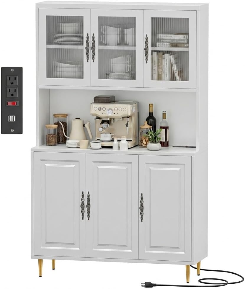 AUN Pantry Cabinet with Charging Station - 68" Multi-Scene Storage Cabinet for Kitchen, Coffee Bar, Dining Room | Adjustable Shelves & Soft-Close Doors,White