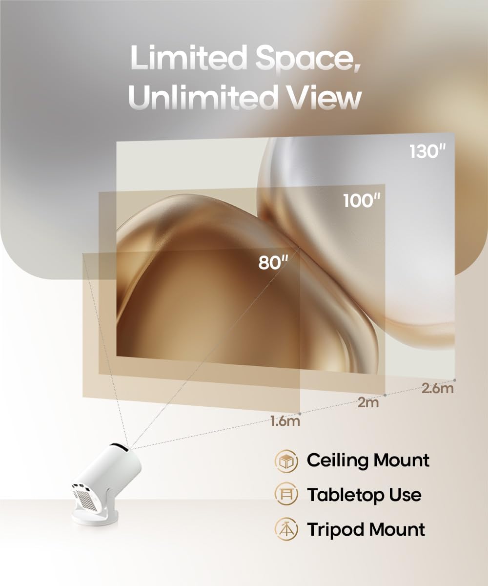 [App integrata] 2026 Mini Proiettore HY300Pro Proiettore Portatile 4K 1080P Supporto, Videoproiettore con WiFi 6 BT 5.4, Auto Keystone Rotabile 180° Compatibile HDMI/TV Stick/USB/PS5/Laptop