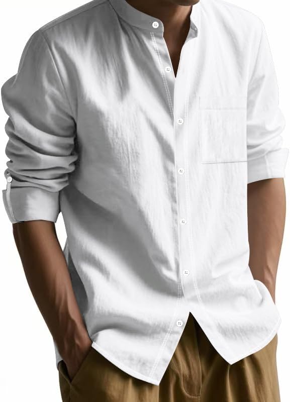 Men's Linen Blend Shirt - Long Sleeve Solid Color Button Down Henley Casual Shirt for Vacation Business - Image 2