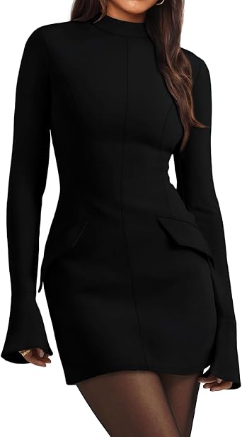 Sexy Sheath Dress for Women 2025 Crewneck Long Sleeve Midi Dresses Mock Neck Dress Basic Party Club Bodycon