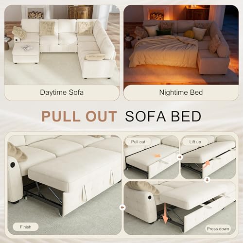 Image of Hanherry Sectional Couch with Pull Out Sofa Bed,Chenille Sleeper Sofa with Storage Ottoman & USB Charging,Comfy L Shaped Modular Couches for Living Room,Apartment