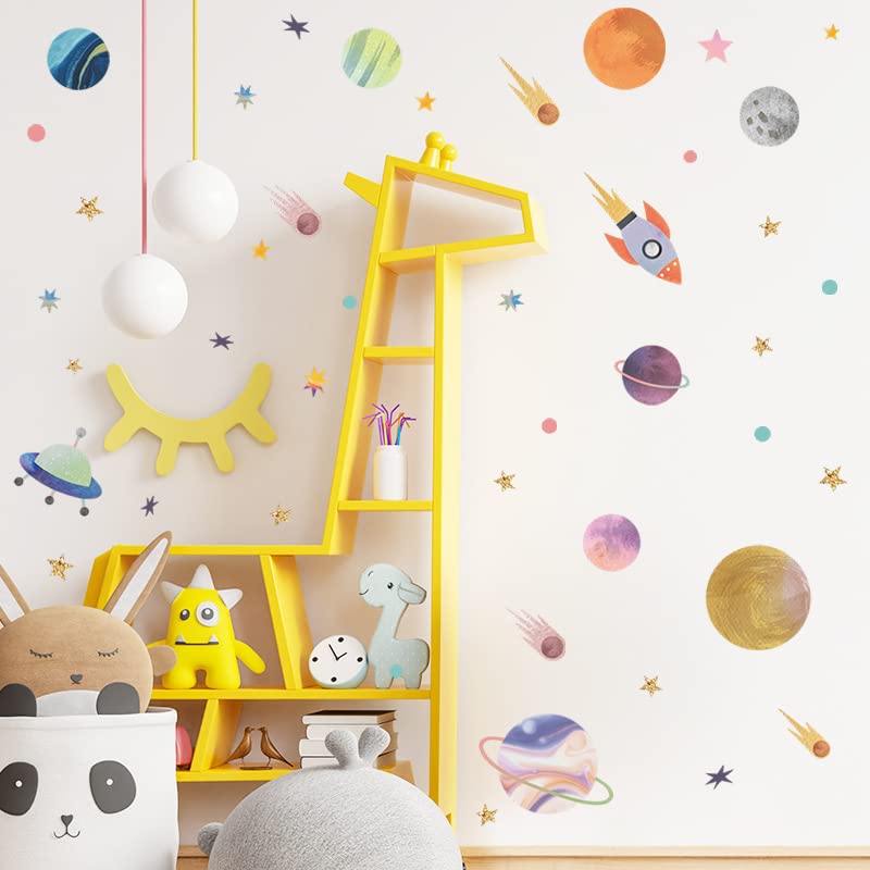 Image of Space Adventure Fun Learning Educational Wall Stickers for Kids Baby Peel and Stick Wall Stickers for Kids Room Bedroom Playroom Nursery Living Room Decor Wall Art Wall Decoration Boho,90X1 cm