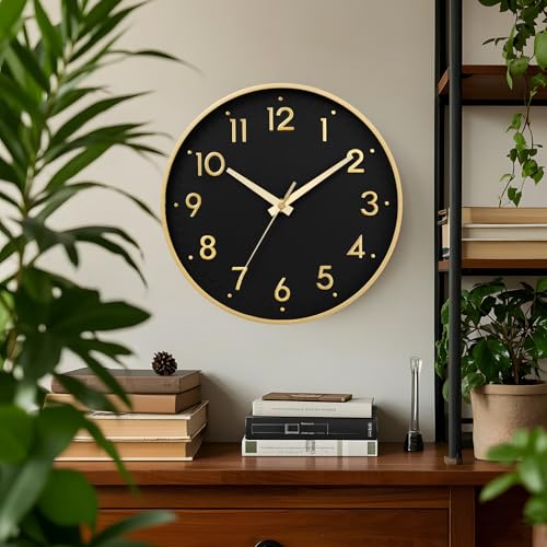 Image of Mosewa Wall Clock 8 Inch, Wall Clocks Battery Operated Silent Non-Ticking Modern Analog Clock Decorative for Kitchen, Bedroom, Office,Bathroom(Black Gold)