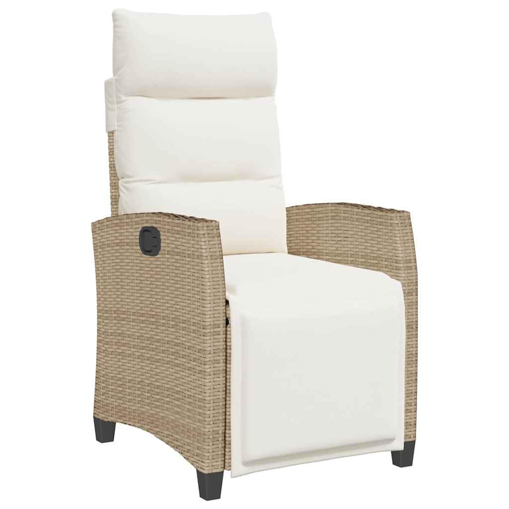 Silla de jardín extensible con reposapiés y mesa auxiliar, beige, ratán PE, respaldo ajustable, cojines gruesos y funda de lavado extraíble.