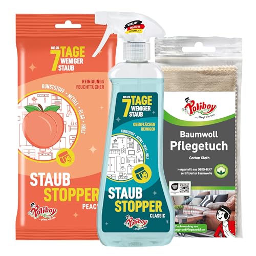 POLIBOY Staubstopper Set – Classic Allzweckreiniger & Peach Staubtücher mit Antistatik-Effekt – gegen Staub, Pollen & Schmutz – Möbelreiniger mit Baumwolltuch – 500ml + 24 Tücher Made in Germany