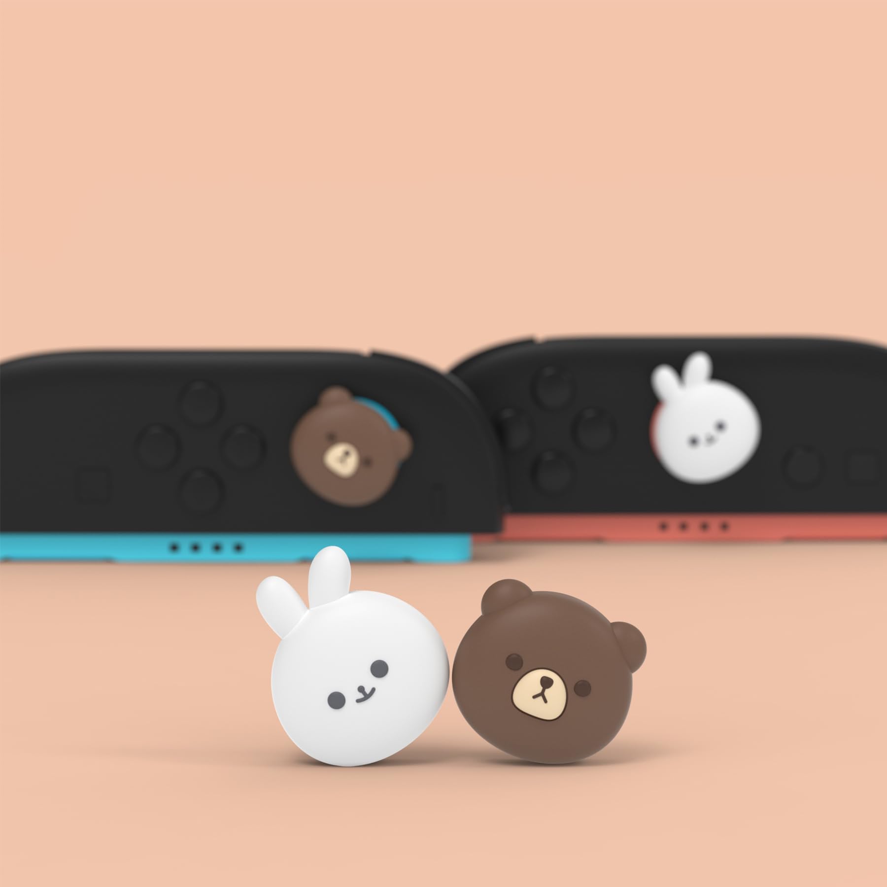 PlayVital 4 Piezas de Agarres para el Pulgar para Nintendo Switch 2 2025, Kawaii Tapas de Silicona para Joysticks de Joycon, Protector para Joystick, Accesorios para Switch 2 (Oso & Conejo)