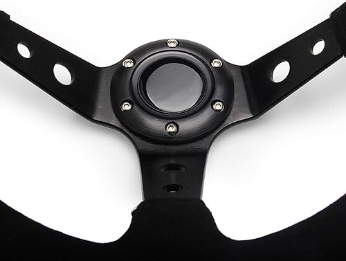 Miniatura 5 de Volante de 14 pulgadas de profundidad de 13.780 in, plato de 6 pernos para volante de carreras deportivas, botón de cuerno de gamuza incluido EE.