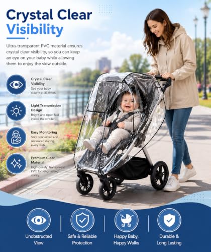 Image of Safe-O-Kid Universal Baby Stroller Rain Cover | Waterproof EVA Stroller Cover | Windproof, Dustproof & Snowproof Weather Shield | Full-Cover Protection for Baby Pram & Stroller | Easy Fit, Travel Friendly - Transparent