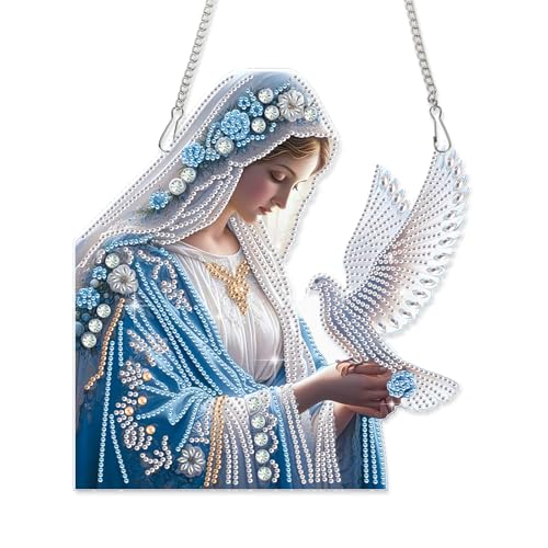 Image of AiYuanzsh Oversized Diamond Art Hanging Kit Virgin Mary with Dove, Religious Special Shaped Diamond Painting Suncatcher Ornament for Adults DIY Spiritual Wall Window Pendant Decor