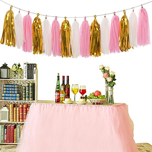 Glittery Paper Pennant Banner Triangle Flags Bunting 8.5 Feet And Tissue Paper Tassels Garland 15 Pcs For Birthday Party, Wedding, Bridal Shower Decorations, Glittery Gold+Pink+White #TOP3