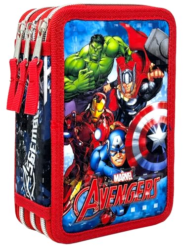 Clondo Estuche de Triple Relleno para Niños, para Los Vengadores Avengers Fan, 44 Utensilios Escolares, 3 Cremalleras, Lápices de Colores, rotuladores, Tijeras