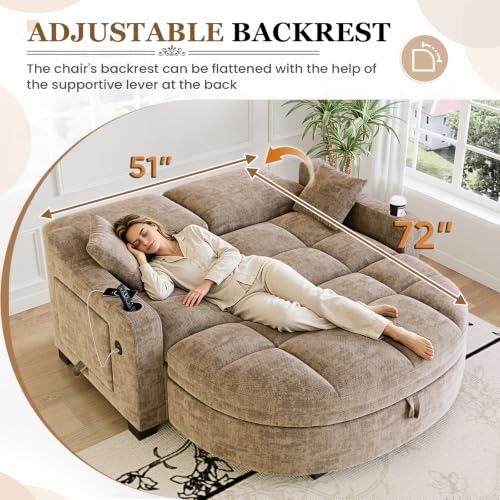 Image of 60 inch Loveseat Chaise Lounge Chair with Ottoman, Tufted Chenille Chaise Sofa with Storage & Adjustable Back / Side Table / USB Charging, Cozy Reading Lounge Chair and A Half for Living Room, Office, Khaki