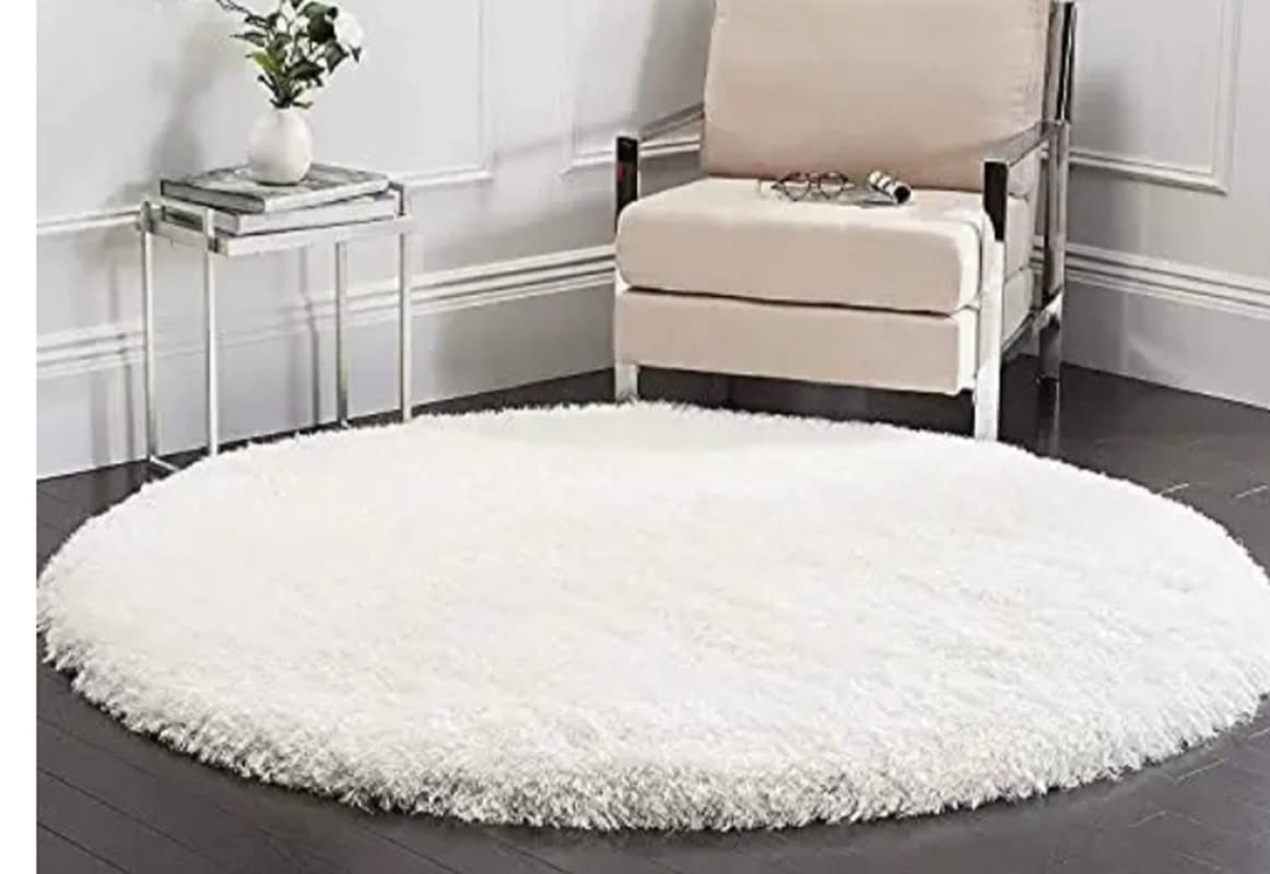 FR Creations Modern Polyester Anti Slip Round Shaggy Fluffy Fur Rug and Carpet for Living Room, Bedroom,Offices, Kitchens(4x4 Feet)-White