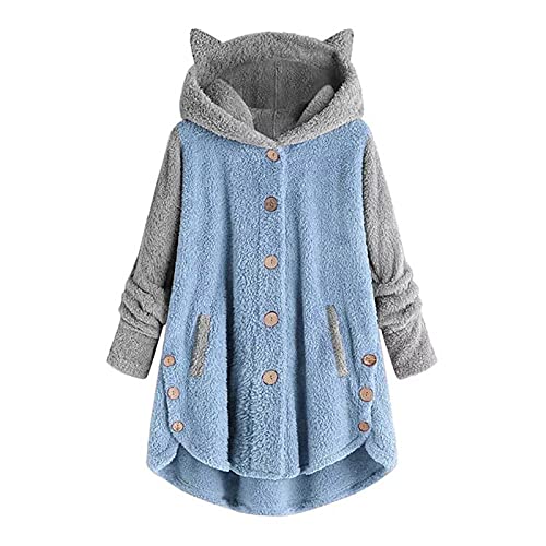 Women's Cute Plus-Size Fleece Jacket Button-up Cardigan Pullover Sweater Solid Color Fashionable Warm Cat Ear Hoodie