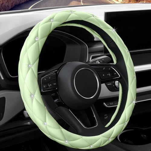 Image of YOGURTCK Cute Diamond Soft Leather Anti-Slip Steering Wheel Cover with Bling Bling Crystal Rhinestones, Universal 15 Inch for Women Girls, Fit Vehicles, Sedans, SUVs, Vans, Trucks - Neon Green
