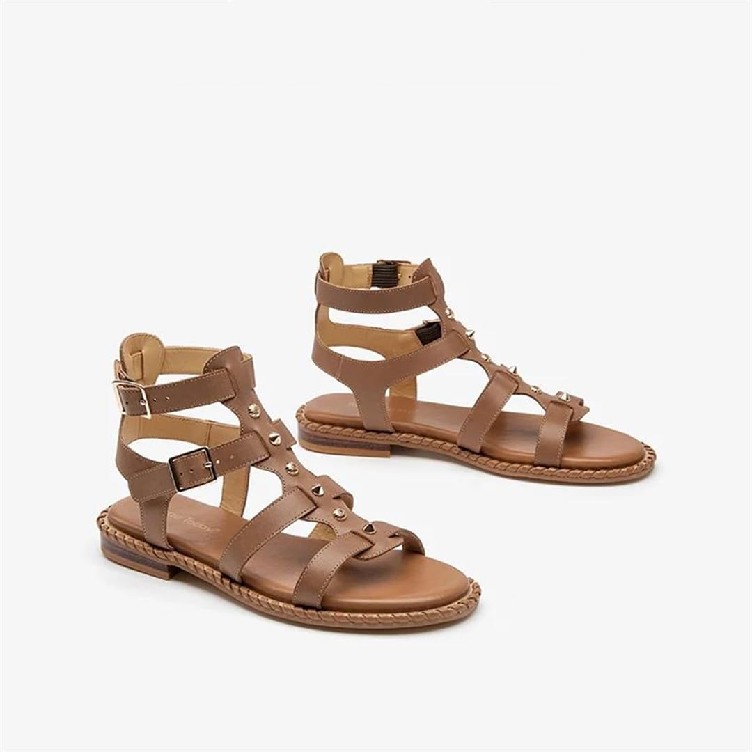 Sandalias de gladiador con correa de hebilla y correa al tobillo para mujer, tacón plano, estilo gladiador, piel de becerro, doble hebilla, de metal, informales, de verano