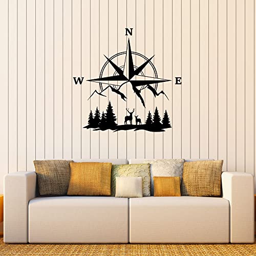 Compass Vinyl Wall Decal Deer Mountains North South Stickers Mural (K267) Black #TOP29