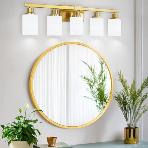 Image of Gold Bathroom Light Fixtures 5-Light Brushed Gold Vanity Light 30in | White Frosted Ribbed Glass Shade Vanity Lighting Fixtures over Mirror Gold Sconces Wall Lighting for Hallway E26 Base