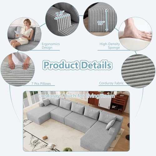 Image of 160 inch Boneless Cloud Sectional Couch Modular Sofa with Ottoman