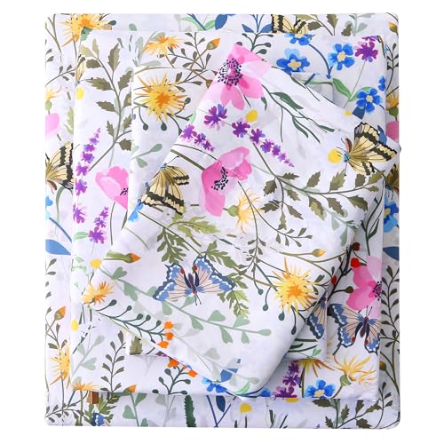 Viviland Twin Sheet Set - 3 Piece Butterfly & Multi-Floral Botanical Patterned Bed Sheets - Soft, Breathable Microfiber Sheets with Deep Pocket, Non-Slip Fitted Sheets & Pillowcases