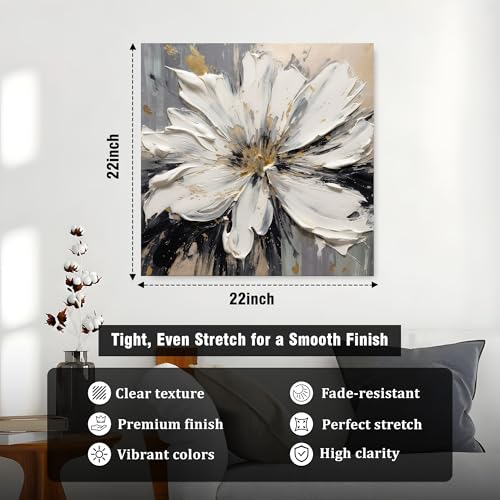 Image of PAINTINGMANTRA Modern Floral Texture Stretched Canvas Painting for Living Room | White Flower Canvas Wall Decor Art For Livingroom, Bedroom, Office, Hallways - 22x22 Inch