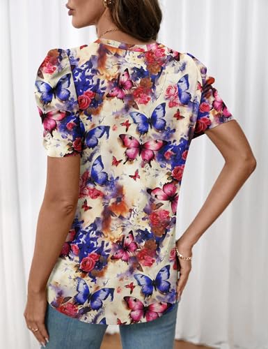 Image of LOMON Spring Summer Tops for Women 2026 V Neck Puff Short Sleeve Tops Fashion Trendy Work Blouses Dressy Casual S-XXL