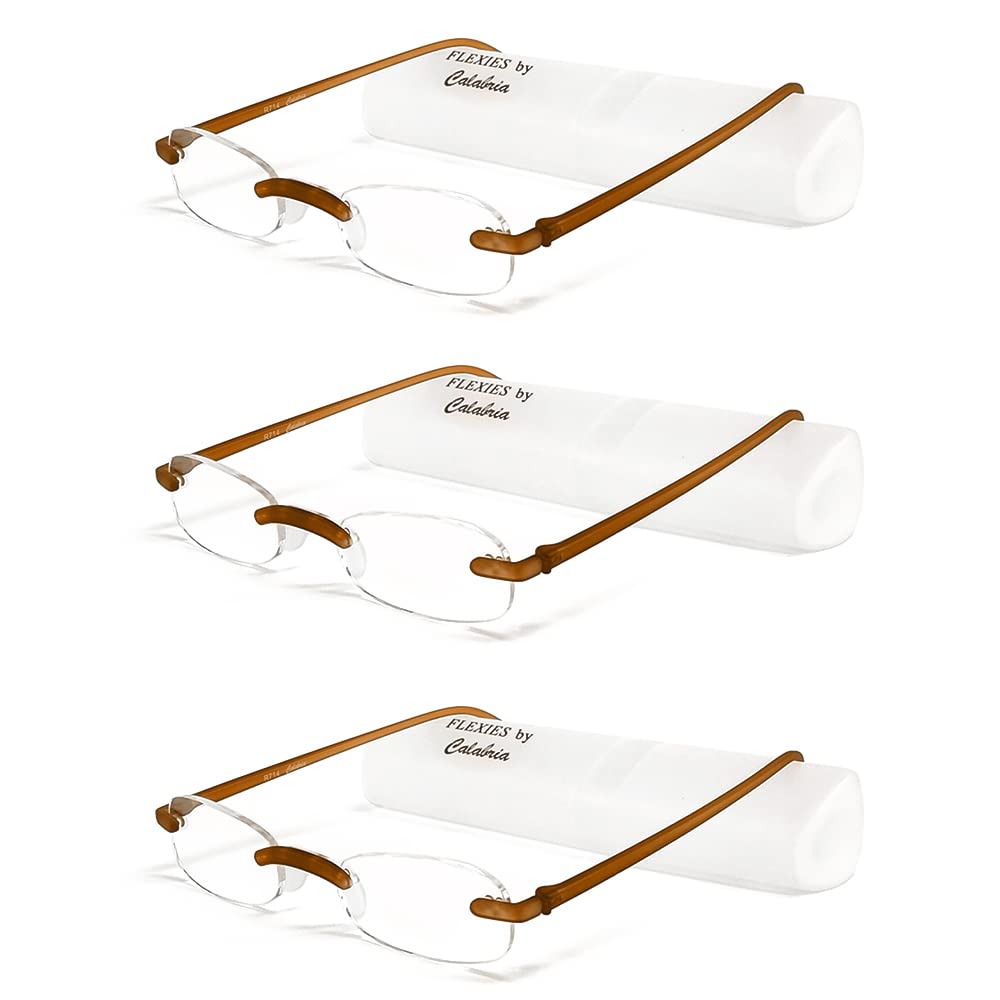 Calabria 714 Flexie Oval Rimless Reading Glasses +2.75 Root Beer (3pack) Men/Women Bendable Readers Flexible TR90
