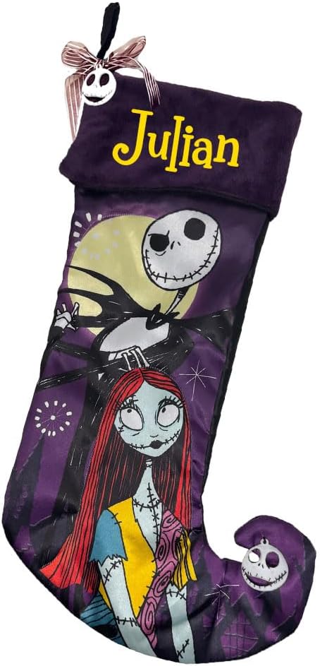 The Nightmare Before Christmas Jack and Sally Stocking - Personalized Officially Licensed Movie Holiday Decoration Skellington Character Hanging Decorations for Fan Lover - with Custom Name