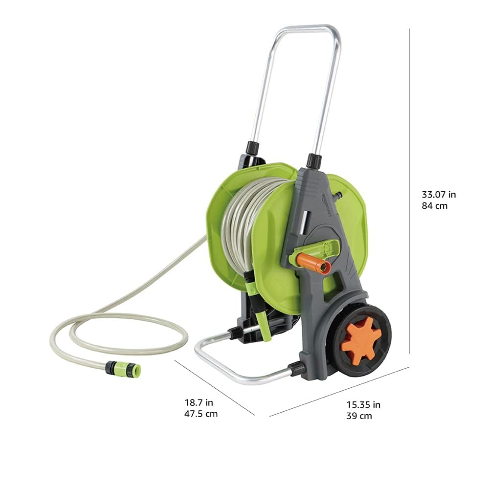 Amazon Basics Portamangueras enrrollable de plástico, con manguera de 30 m, Verde/Gris
