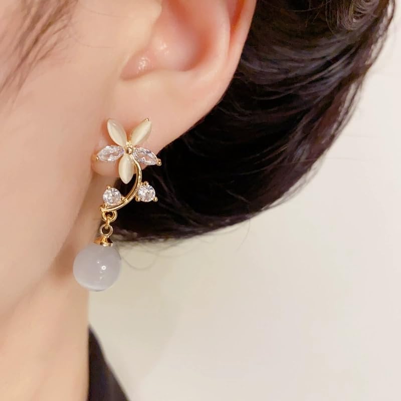 Sparkling Cat Eye Stone Flower Earrings Vintage Rhinestone Floral Dangle Earrings for Women Bridal Party Jewelry - Image 3