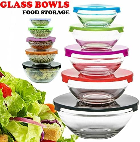 Copper Top - 10 Pcs Glass Storage Bowl Set with Colour Lids Food Container Microwave Dishwasher Freezer Safe