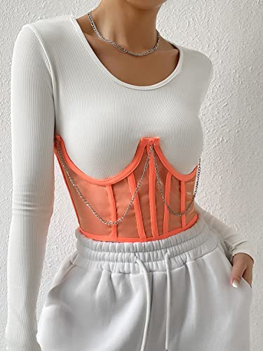 Moessa Women See Through Mesh Lace Up Bustier Corset Metal Chain Boned Overbust Waist Cincher Wide Belt 8970-Orange-M #TOP3