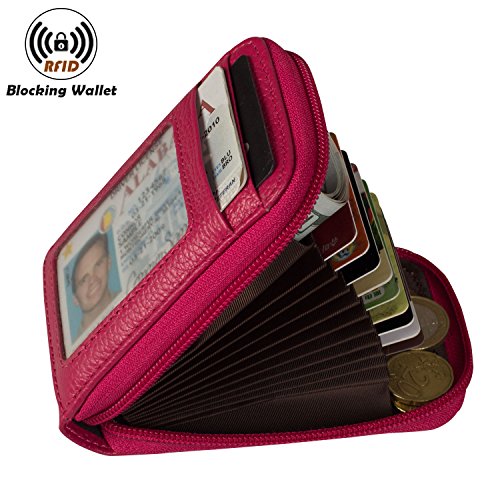 Image of Credit Card Case Organizer Genuine Leather Zip-Around Security Wallet Rose Red