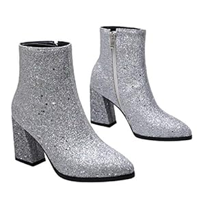 Holibanna Vrouwen Enkellaarsjes Pailletten Blokhak 9Cm Puntschoen Rits Hoge Hak Korte Laarsjes Voor Vrouwelijke Dames