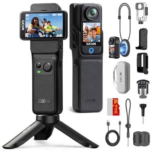 SJCAM C400 Pack,Camara Vlog 4K,7 Horas de Autonomía,Pantalla Táctil GRANDE de 2.29',Cámara Corporal Impermeable 30M,Estabilización de 6 Ejes,Cámara Acción para Transmisión en Vivo de YouTube,64G,Negra