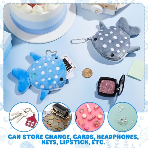 4 Pcs Whale Shark Coin Purse, Plush Coin Pouch with Zipper, Kawaii Shark Wallet, Fish Sea Animal Change Purse for Kids Girls Women Cosmetic Items Earphone Gifts, Blue, Gray3