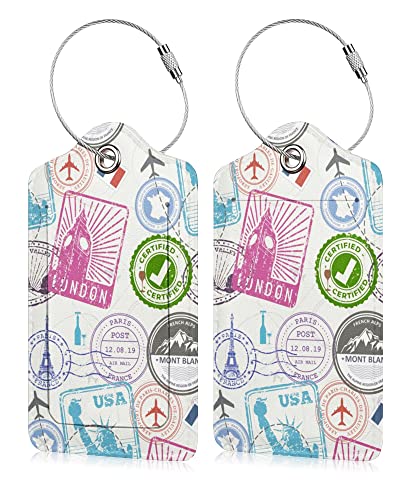 Image of Set of 2 Luggage Tag for Suitcases Leather Stamp Baggage Tags with Stainless Steel Loop Privacy Name ID Card Cover Travel Bag Labels Set for Women Men Kids Girls
